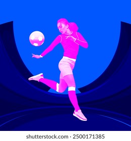 Dynamic female soccer player in action, against vibrant, blue, abstract background. High-contrast pop art style. Contemporary art collage. Concept of sport, competition, games, tournament - Powered by Shutterstock