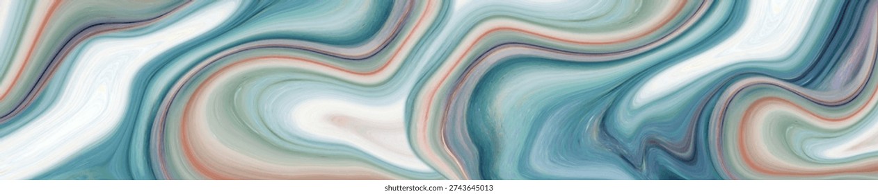 A dynamic flowing pattern of turquoise and orange acrylic paint creating a sophisticated marble effect with soft curved lines.