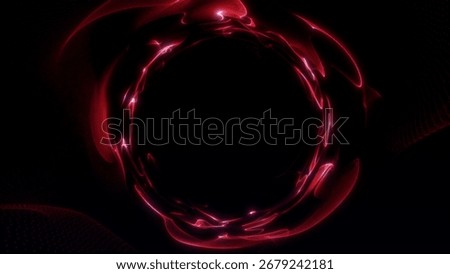 Dynamic glowing red circle made of flowing neon particles on dark futuristic background, abstract energy vortex effect.