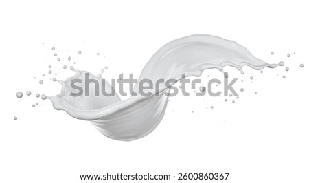 A dynamic image of a milk splash against a white background. The creamy white liquid swirls and forms droplets, showcasing its texture and fluidity.