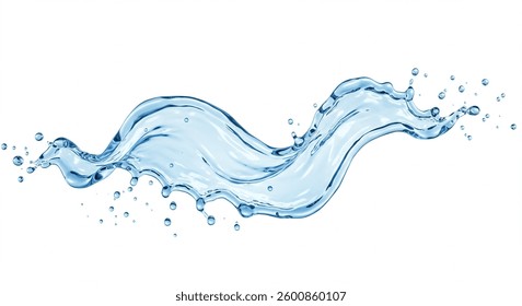 A dynamic image showcasing a vibrant blue water splash against a stark white background. The liquids movement is captured with remarkable detail, showing both large waves and tiny droplets.