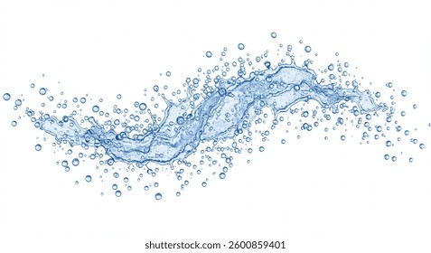 A dynamic image of a water splash with numerous bubbles, showcasing its pure, refreshing, and clean texture. The flow is fluid and creates a visually appealing crystallike effect against a white backg