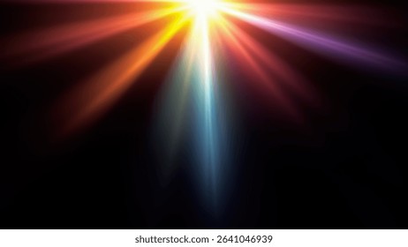 Dynamic light rays descending from a bright source, showcasing a vibrant blend of warm orange and red with a cool blue and purple central beam