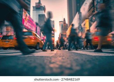 A dynamic, low-angle shot captures the blurred motion of people crossing a busy city street, with yellow taxis and towering buildings visible in the background during twilight.