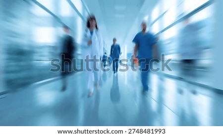 A dynamic, motion-blurred image capturing the fast-paced environment of a hospital with medical staff in motion.