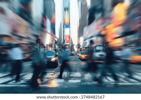 A dynamic, motion-blurred scene captures the energy of a bustling city street at night, with silhouetted figures crossing a busy intersection.