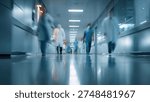 A dynamic, motion-blurred view of doctors and nurses in a modern hospital hallway, conveying urgency and movement.