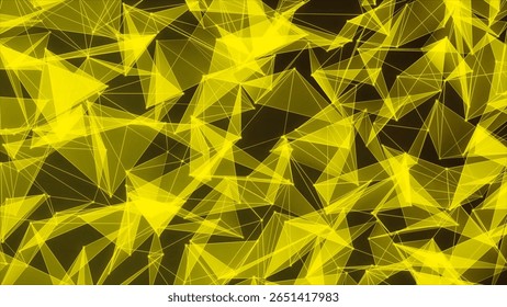 A dynamic network of glowing yellow lines and triangles against a dark background, representing data connections and digital abstract art.
