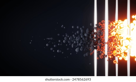 Dynamic particle explosion with vertical lines, abstract artistic imagery with futuristic concept. 3D Illustration