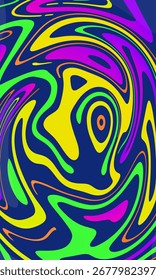 Dynamic, psychedelic background featuring a swirling pattern of bold neon shapes in green, yellow, pink, and purple on a dark blue backdrop.