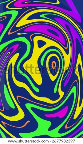 Dynamic, psychedelic background featuring a swirling pattern of bold neon shapes in green, yellow, pink, and purple on a dark blue backdrop.