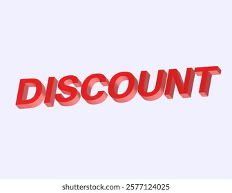 Dynamic red 3D text displaying the word 'Discount' on a light background, emphasizing special offers and promotions. Ideal for advertisements, marketing campaigns, and e-commerce visuals.