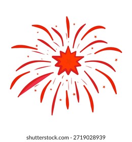 Dynamic red firework explosion vector featuring a central starburst with radiating trails and small decorative stars. This vibrant illustration captures the energy of a holiday celebration. Ideal for Lunar New Year (Imlek), Independence Day, New Year's Eve graphics, carnival posters, and festive digital marketing materials. Isolated on a white background for easy layering.