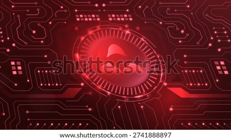 A dynamic representation of cybersecurity, featuring a red digital circuit board with a central ominous icon symbolizing threat detection and network protection.