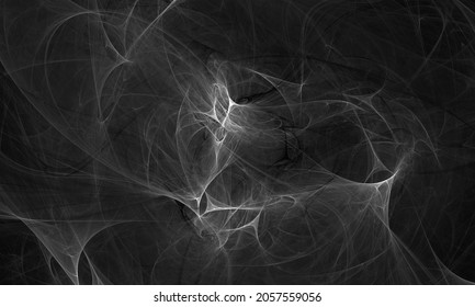 Dynamic Rushing Substance Or Smoke In Black And White Monochromatic Illustration. Texture Of Ethereal Incense Or Spirit With Tiny Glow. 3d Digital Fantasy Great As Background, Design Idea, Wallpaper.