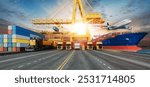 A dynamic scene showcasing intermodal transportation, featuring cargo containers, trucks, trains, a container ship, and an airplane in a logistics hub at sunset.

3d, rendering, illustration,