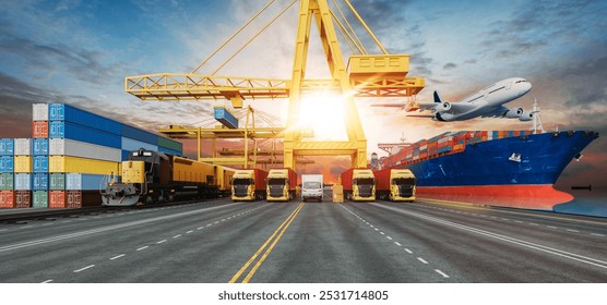 A dynamic scene showcasing intermodal transportation, featuring cargo containers, trucks, trains, a container ship, and an airplane in a logistics hub at sunset.

3d, rendering, illustration, - Powered by Shutterstock