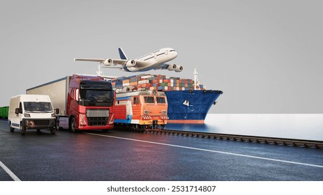 A dynamic scene showcasing intermodal transportation, featuring cargo containers, trucks, trains, a container ship, and an airplane in a logistics hub at sunset.3d, rendering, illustration,