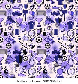 Dynamic seamless soccer pattern featuring footballs, jerseys, trophies, goals, whistles, gloves, shields, cards, crowns, and sports symbols in a stylish purple and black vector design. Perfect for sports-themed apparel, textiles, wrapping paper, wallpapers, packaging, stationery, digital backgrounds, scrapbook paper, and football merchandise. High-quality repeating pattern ideal for both print and digital creative projects.