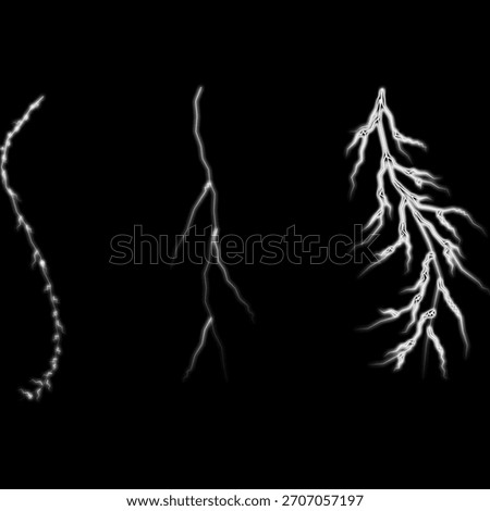 A dynamic set of three white lightning bolts illustrating the progression of an electrical discharge, from a singular strike to an intricately branched pattern.