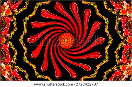 A dynamic spiral pattern with vibrant red and orange hues radiates from the center. The intricate design creates a hypnotic visual effect against a dark background.