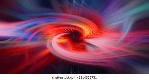 Dynamic spiral vortex effect features vibrant red orange and blue light trails converging into center creating powerful motion energy within unique abstract digital art composition.