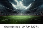 Dynamic Stadium. Large, modern stadium filled with enthusiastic fans, green football field under dramatic sky, lit by stadium lights. 3D render. Concept of sport, event, tournament, game, championship