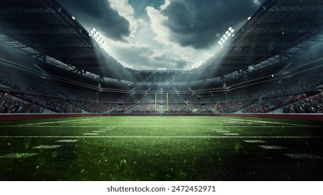 Dynamic Stadium. Large, modern stadium filled with enthusiastic fans, green football field under dramatic sky, lit by stadium lights. 3D render. Concept of sport, event, tournament, game, championship