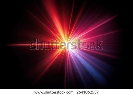 Dynamic starburst light effect with a bright central point. Intense rays radiate outwards, sharply transitioning from fiery red and orange to vibrant magenta and blue-purple hues