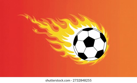 A dynamic stylized illustration featuring a classic black and white soccer ball with a vibrant, flowing trail of yellow and orange flames, set against a warm red to orange gradient background.