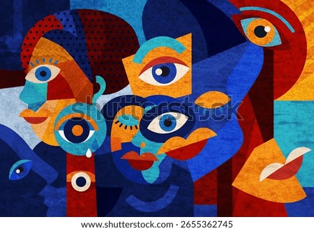 A dynamic and vibrant abstract composition portraying multiple stylized faces with exaggerated eyes and bold shapes. Inspired by cubism and modern expressionism