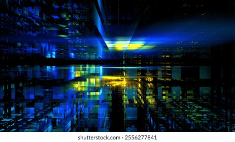 Dynamic visual composition features bright blue and yellow hues blending together in grid-like pattern. This artwork creates sense of depth and movement, evoking a modern digital landscape. 3d render