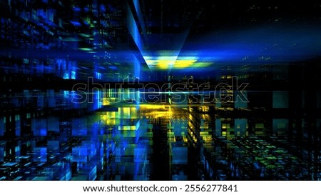 Dynamic visual composition features bright blue and yellow hues blending together in grid-like pattern. This artwork creates sense of depth and movement, evoking a modern digital landscape. 3d render