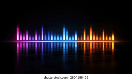 A dynamic visual representation of sound, featuring a colorful equalizer with glowing neon bars and their reflections on a dark, glossy surface.