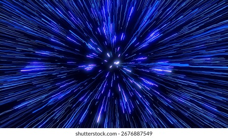 Dynamic visualization of blue light streaks radiating from a central point, creating an electrifying abstract burst of energy in a futuristic setting.