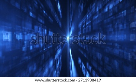 A dynamic visualization of a radiant blue light burst emanating from the center of a digital grid pattern. the glow and blur create a sense of speed and movement, evoking themes of technology 