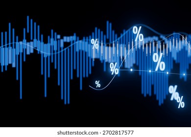 Dynamic visualization shows data analytics related to artificial intelligence. It features fluctuating graphs and percentage marks in blue, illustrating trends and metrics in technology.