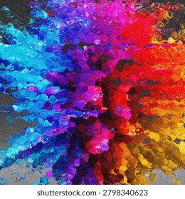 A dynamic and vivid abstract composition featuring intense splashes of blue, purple, red, and yellow hues blending chaotically for a striking visual impact.