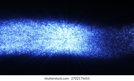 A dynamic wave of glowing blue particles in motion against a dark background, creating a mesmerizing and futuristic visual effect with luminescent dots.