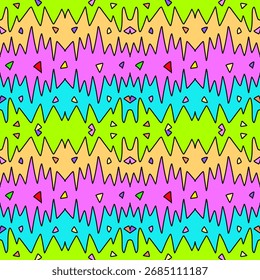 A dynamic zigzag pattern with neon-inspired green, pink, and blue layers accented by scattered geometric shapes. Its electrifying vibe makes it perfect for festival fashion, bold digital designs.
