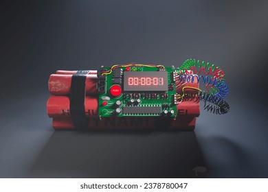 Dynamite bomb with a digital timer countdown. One second left until exposion. 3D Illustration