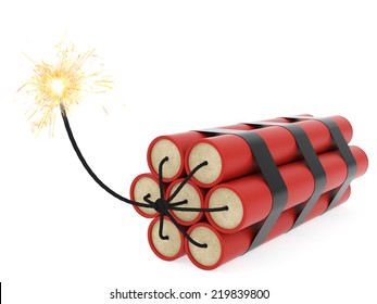 Dynamite With Burning Wick On White Background. High Resolution 3D Image