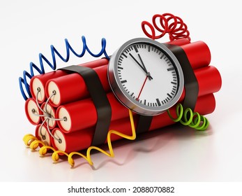 Dynamite Clock Pointing A Few Minutes To 12 O'clock. 3D Illustration.