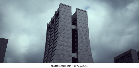 Dystopian Brutalist Housing Building Futuristic Architecture Sci-fi Cloudy Overcast Abandoned City 3d illustration render