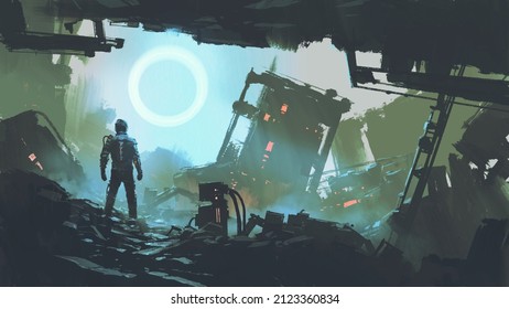 A dystopian scene showing a futuristic man stands in the ruined city, digital art style, illustration painting