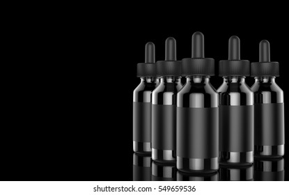E cigarettes Liquid Bottle on black background. Vape. 3d illustration.