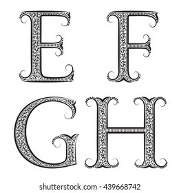 E, F, G, H Vintage Patterned Letters. Bitmap Font In Floral Baroque Style.