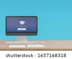 E - Learning concept, note book and computer supplies on wooden table, online school with 3D rendering