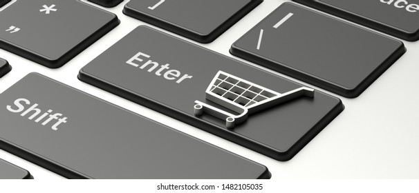 E shop, e commerce concept. Shopping cart trolley icon on a computer laptop enter key. 3d illustration - Powered by Shutterstock