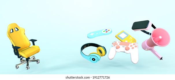 E Sports Gamepad. Gaming Concept And Gaming Chair Console Hanging With Headphones On Blue Background - Green.Copy Space,banners, Leisure - 3d Rendering